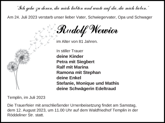 Traueranzeige von Rudolf Wewior von Templiner Zeitung