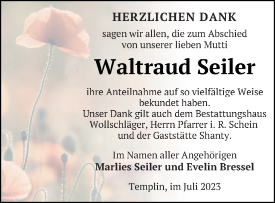 Traueranzeige von Waltraud Seiler von Templiner Zeitung