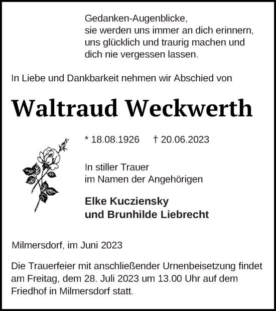 Traueranzeige von Waltraud Weckwerth von Templiner Zeitung