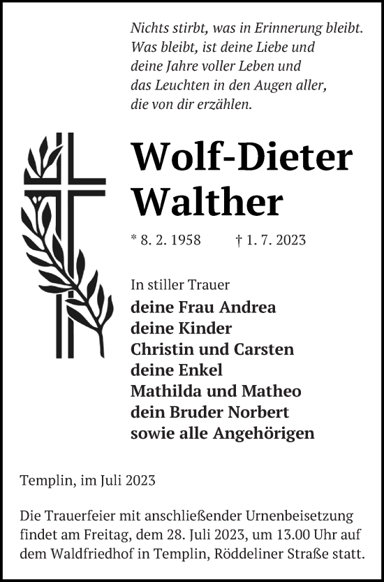 Traueranzeige von Wolf-Dieter Walther von Templiner Zeitung