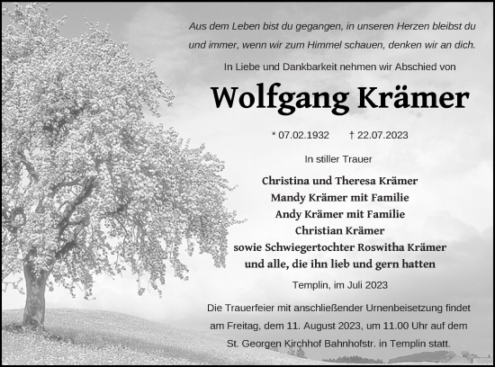 Traueranzeige von Wolfgang Krämer von Templiner Zeitung