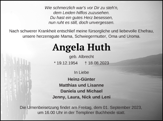Traueranzeige von Angela Huth von Templiner Zeitung