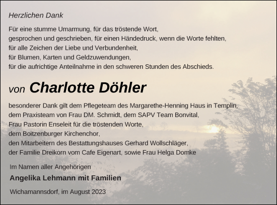 Traueranzeige von Charlotte Döhler von Templiner Zeitung