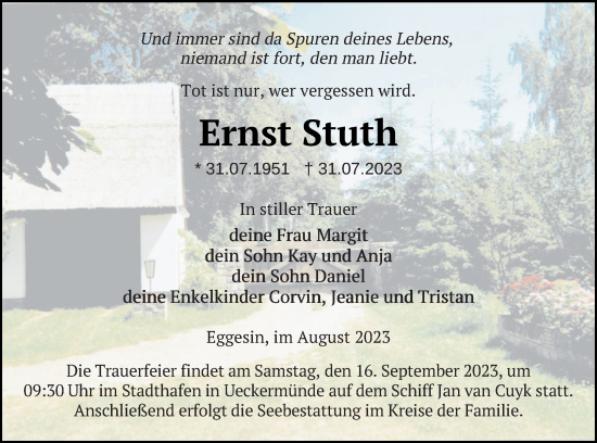 Traueranzeige von Ernst Stuth von Haff-Zeitung
