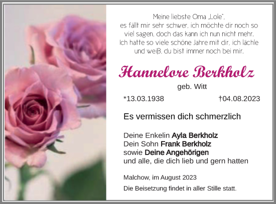 Traueranzeige von Hannelore Berkholz von Müritz-Zeitung