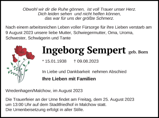 Traueranzeige von Ingeborg Sempert von Müritz-Zeitung