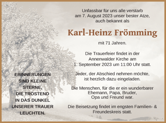 Traueranzeige von Karl-Heinz Frömming von Templiner Zeitung