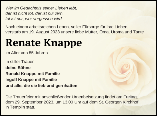 Traueranzeige von Renate Knappe von Templiner Zeitung