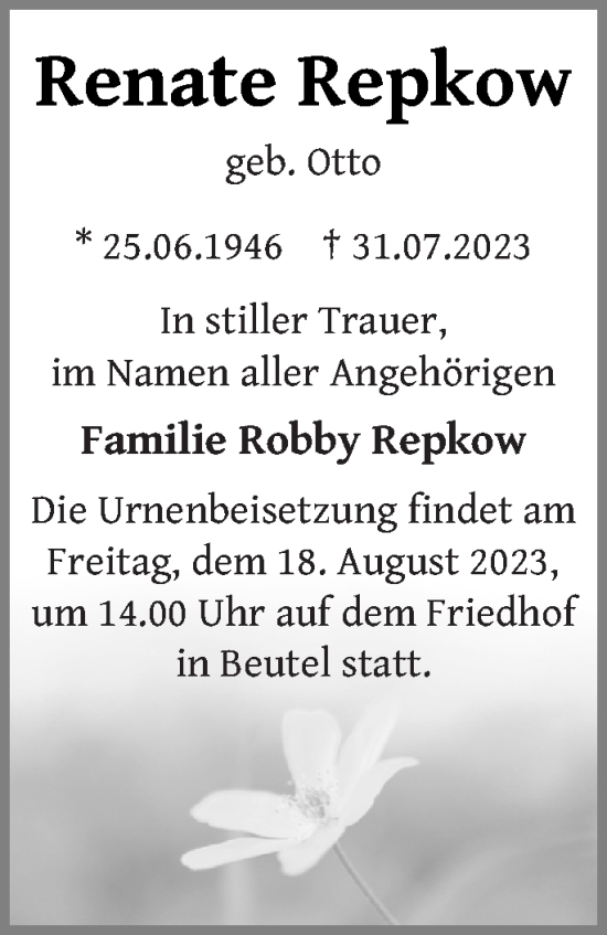 Traueranzeige von Renate Repkow von Templiner Zeitung
