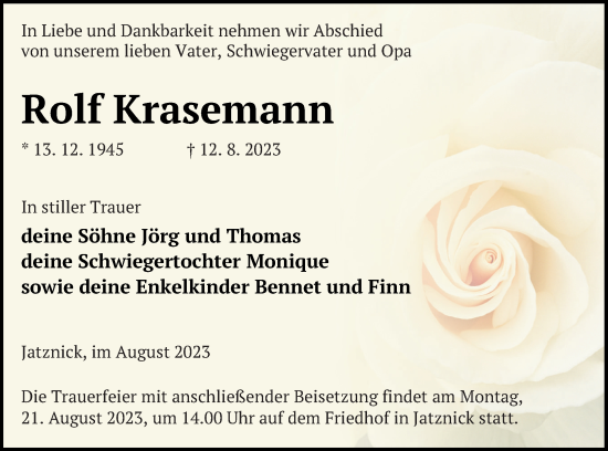 Traueranzeige von Rolf Krasemann von Pasewalker Zeitung