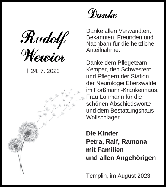 Traueranzeige von Rudolf Wewior von Templiner Zeitung