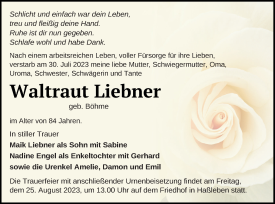 Traueranzeige von Waltraut Liebner von Templiner Zeitung