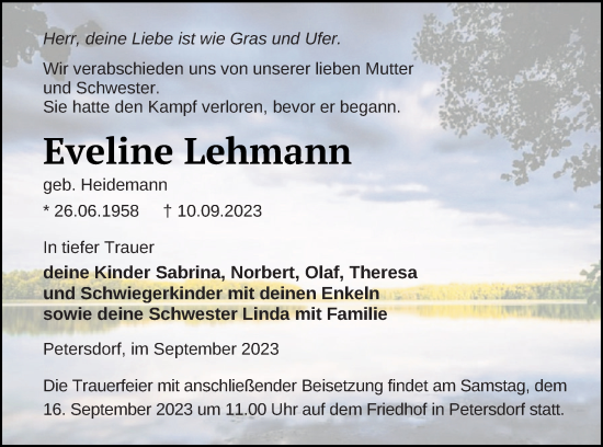 Traueranzeige von Eveline Lehmann von Templiner Zeitung