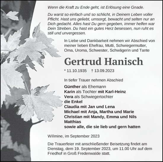 Traueranzeige von Gertrud Hanisch von Templiner Zeitung