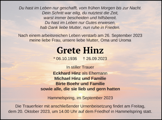Traueranzeige von Grete Hinz von Templiner Zeitung