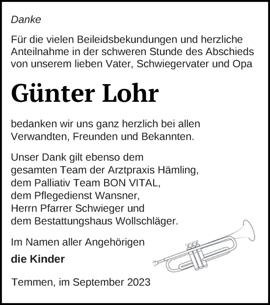 Traueranzeige von Günter Lohr von Templiner Zeitung