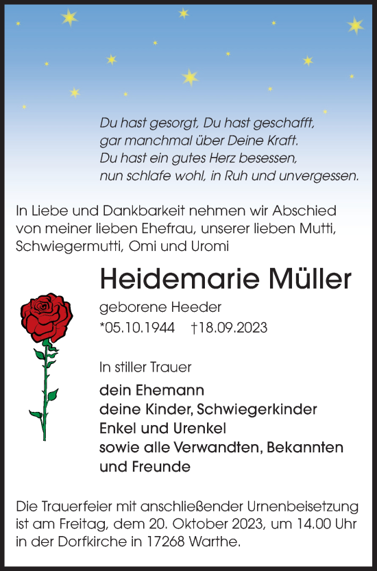 Traueranzeige von Heidemarie Müller von Templiner Zeitung