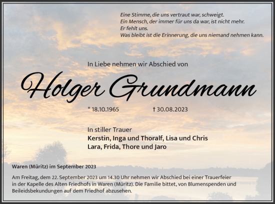 Traueranzeige von Holger Grundmann von Müritz-Zeitung