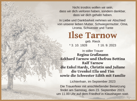Traueranzeige von Ilse Tarnow von Templiner Zeitung