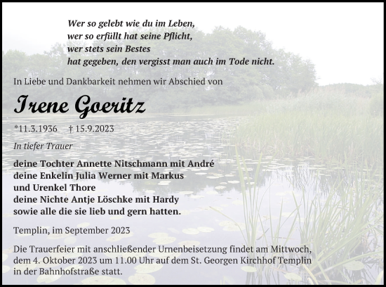 Traueranzeige von Irene Goeritz von Templiner Zeitung