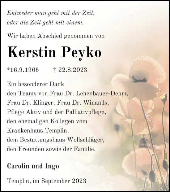 Traueranzeige von Kerstin Peyko von Templiner Zeitung