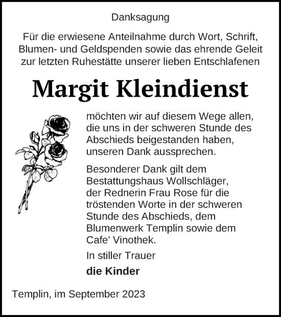 Traueranzeige von Margit Kleindienst von Templiner Zeitung