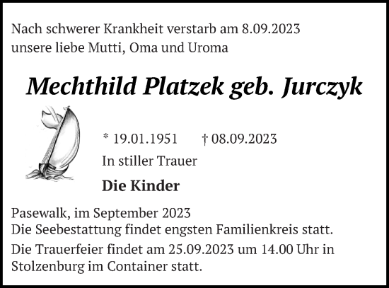 Traueranzeige von Mechthild Platzek von Pasewalker Zeitung