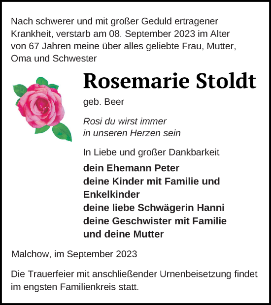 Traueranzeige von Rosemarie Stoldt von Prenzlauer Zeitung