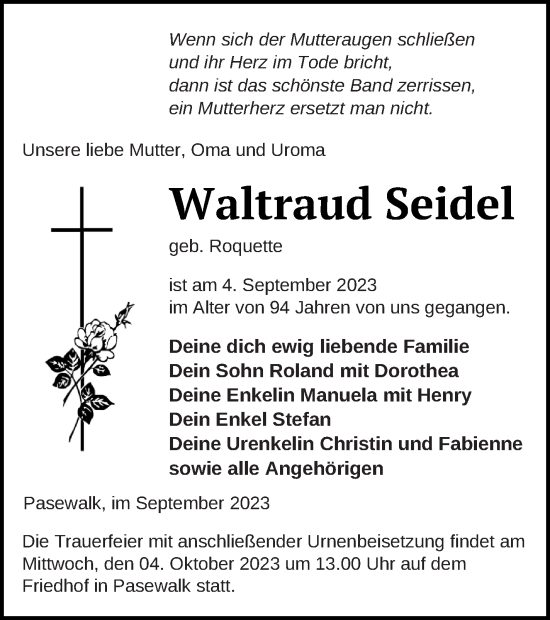 Traueranzeige von Waltraud Seidel von Pasewalker Zeitung