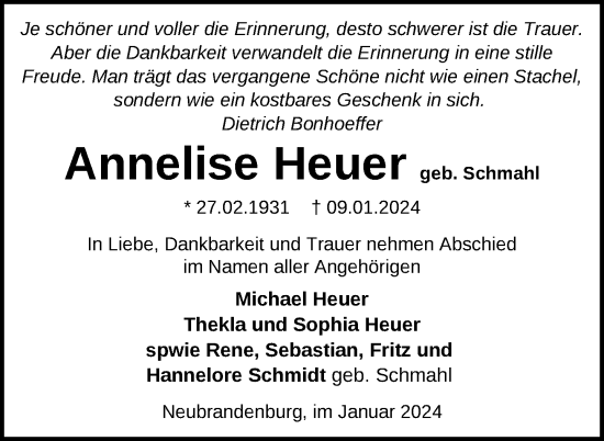 Traueranzeige von Annelise Heuer von Neubrandenburger Zeitung