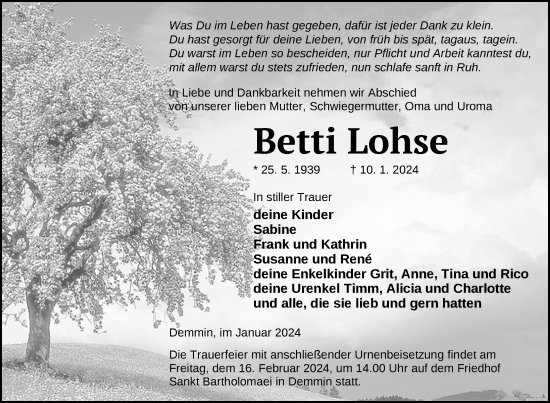 Traueranzeige von Betti Lohse von Nordkurier Demminer Zeitung