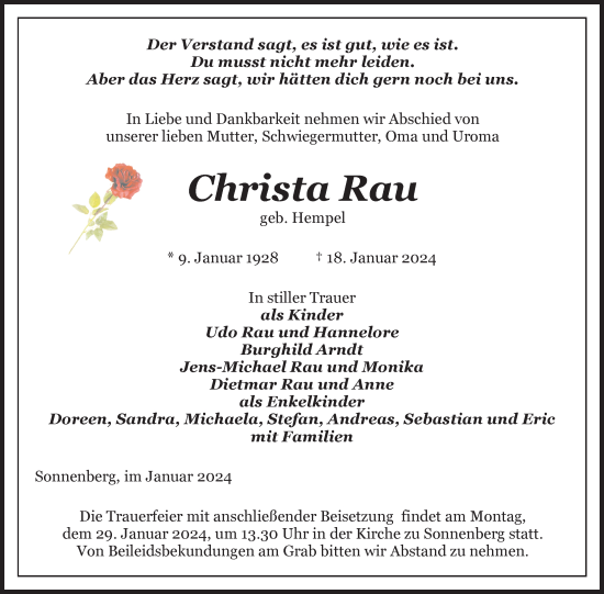 Traueranzeige von Christa Rau von Pasewalker Zeitung