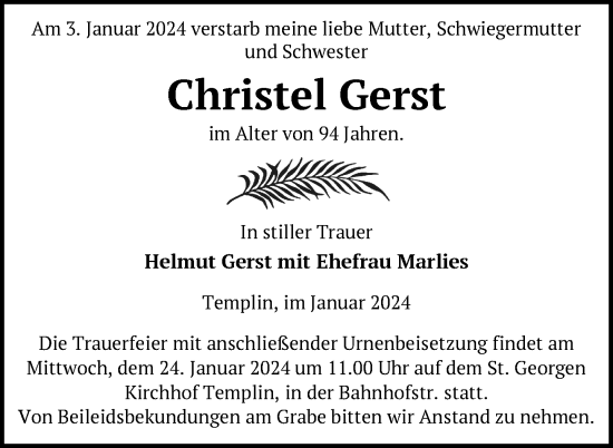 Traueranzeige von Christel Gerst von Uckermark Kombination
