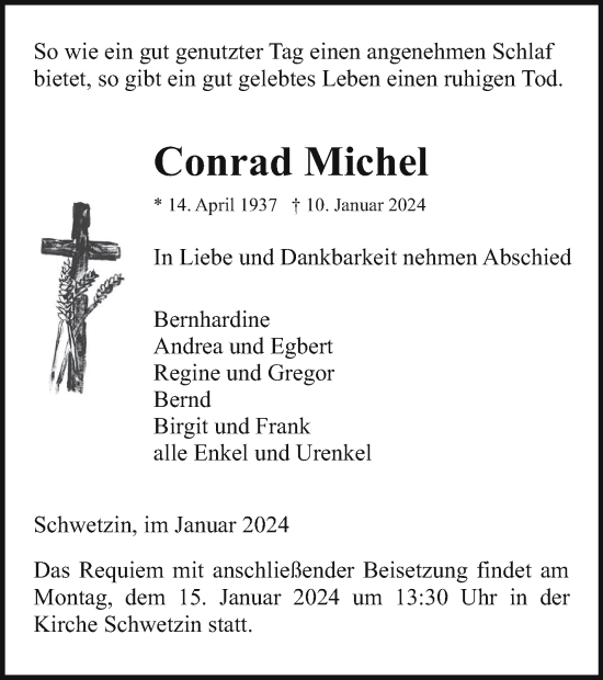 Traueranzeige von Conrad Michel von Mecklenburger Schweiz