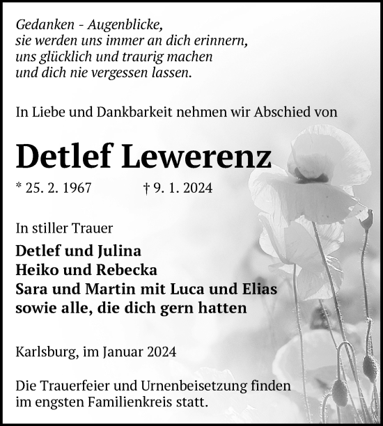 Traueranzeige von Detlef Lewerenz von  Strelitzer Zeitung