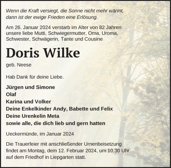Traueranzeige von Doris Wilke von Nordkurier Grosso
