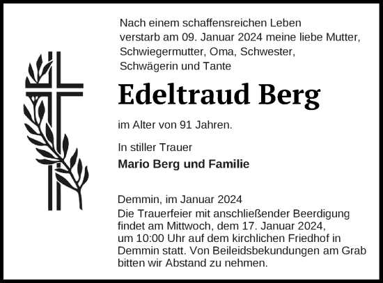 Traueranzeige von Edeltraud Berg von Demminer Zeitung