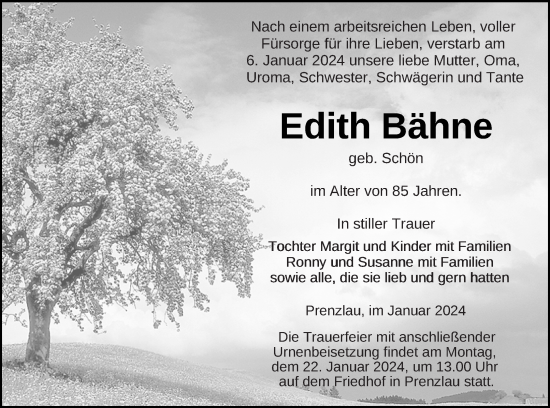 Traueranzeige von Edith Bähne von Prenzlauer Zeitung