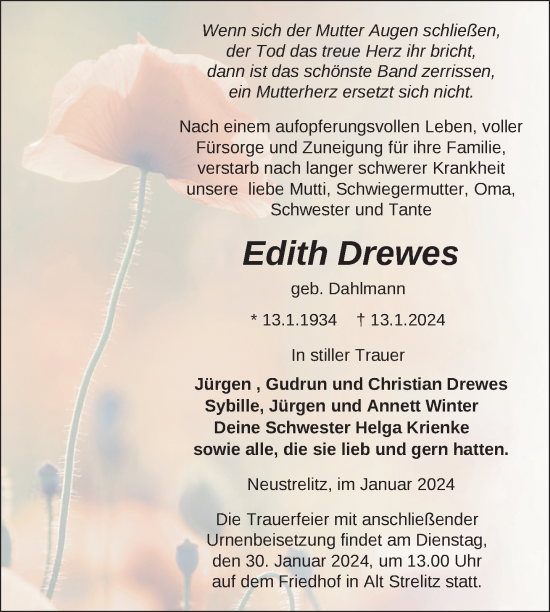 Traueranzeige von Edith Drewes von Strelitzer Zeitung