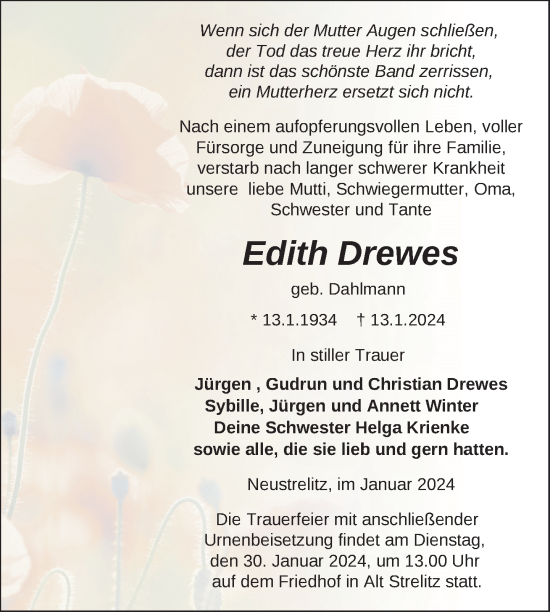 Traueranzeige von Edith Drewes von  Templiner Zeitung