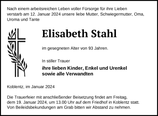 Traueranzeige von Elisabeth Stahl von Pasewalker Zeitung