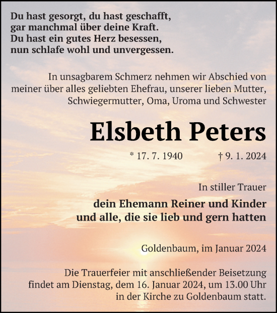 Traueranzeige von Elsbeth Peters von Strelitzer Zeitung
