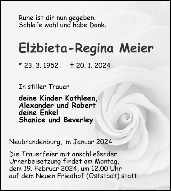 Traueranzeige von Elzbieta-Regina Meier von Nordkurier Neubrandenburger Zeitung