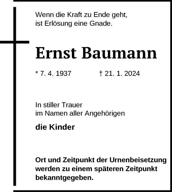 Traueranzeige von Ernst Baumann von Pasewalker Zeitung