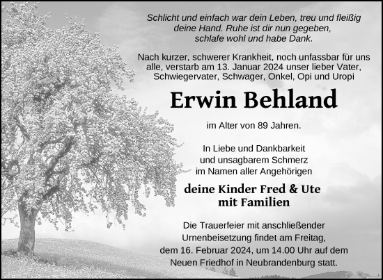 Traueranzeige von Erwin Behland von Neubrandenburger Zeitung