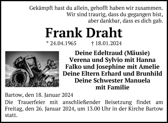 Traueranzeige von Frank Draht von Neubrandenburger Zeitung