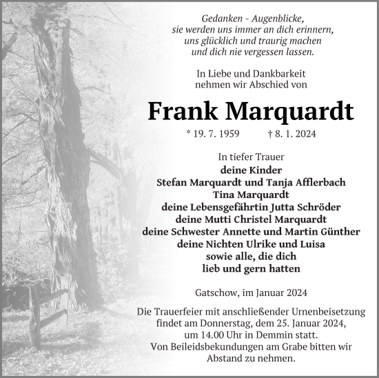 Traueranzeige von Frank Marquardt von Demminer Zeitung