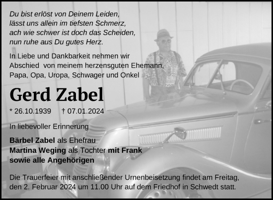 Traueranzeige von Gerd Zabel von Uckermark Kombination / Templiner Zeitung / Pasewalker Zeitung