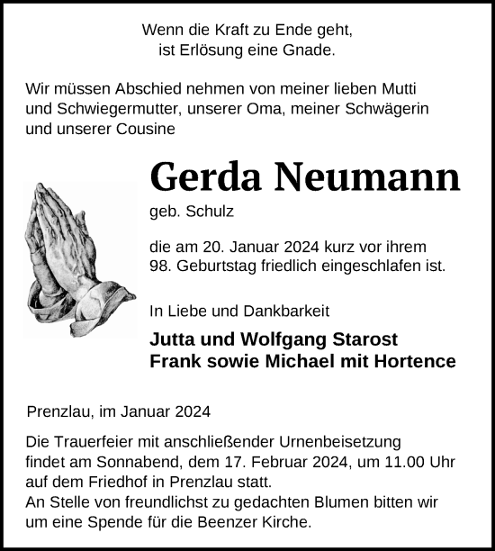 Traueranzeige von Gerda Neumann von Uckermark Kurier   Prenzlauer Zeitung