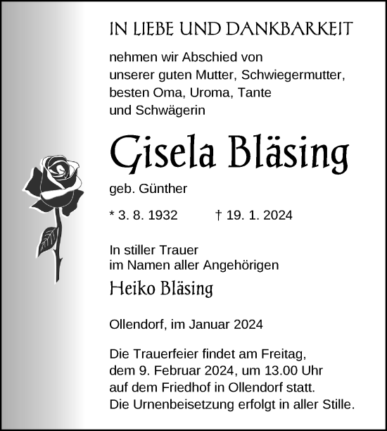 Traueranzeige von Gisela Bläsing von Nordkurier Strelitzer Zeitung